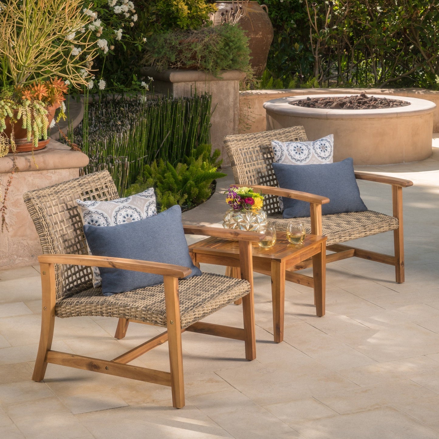 Outdoor Club Chair Set of 2, Outdoor PE Wicker Chair with Wicker Seat & Backrest, Wood Patio Club Chairs for Garden Lawn Backyard