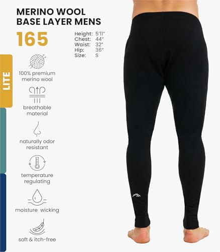 Merino Wool Base Layer Mens Bottom Pants 100% Merino Wool Heavyweight, Midweight, Lite Thermal Underwear Long Johns and Socks (Large, 165 Black)