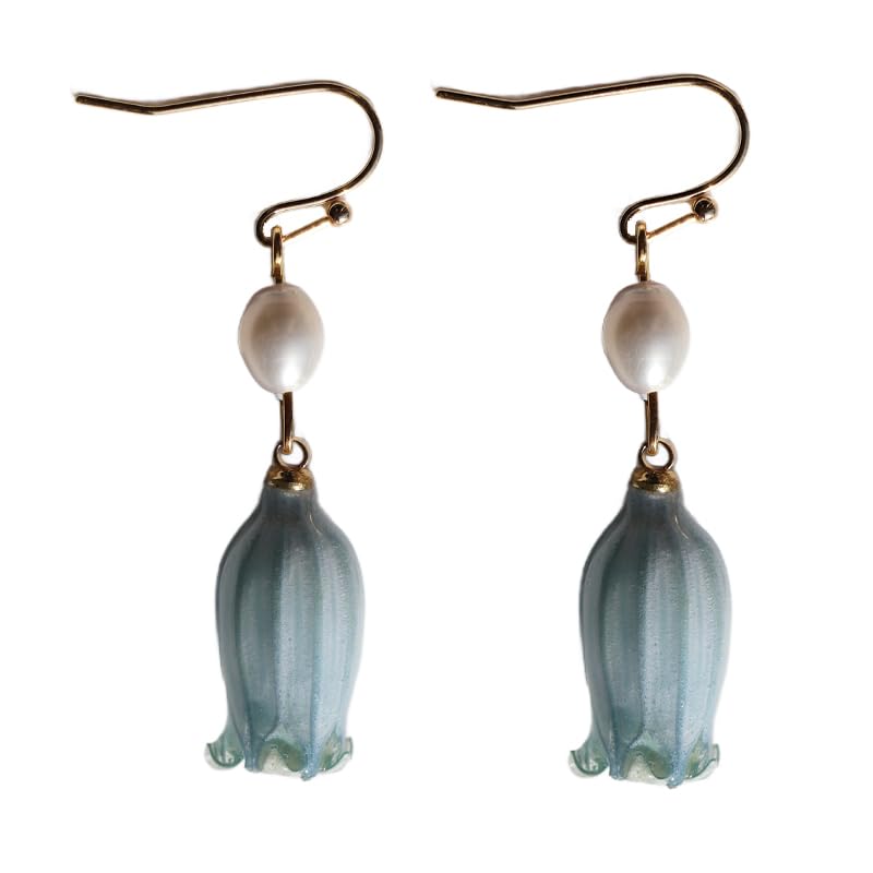 All natural delicate Campanula flowers paired with pearl drop earrings are handmade and unique,Vintage-Style Pearl Drop Earrings, Blue Glass Bell Flower Design, Gold-Tone Hooks,Real Preserved Bellflower & Freshwater Drop Earrings | Handmade Hypoallergen