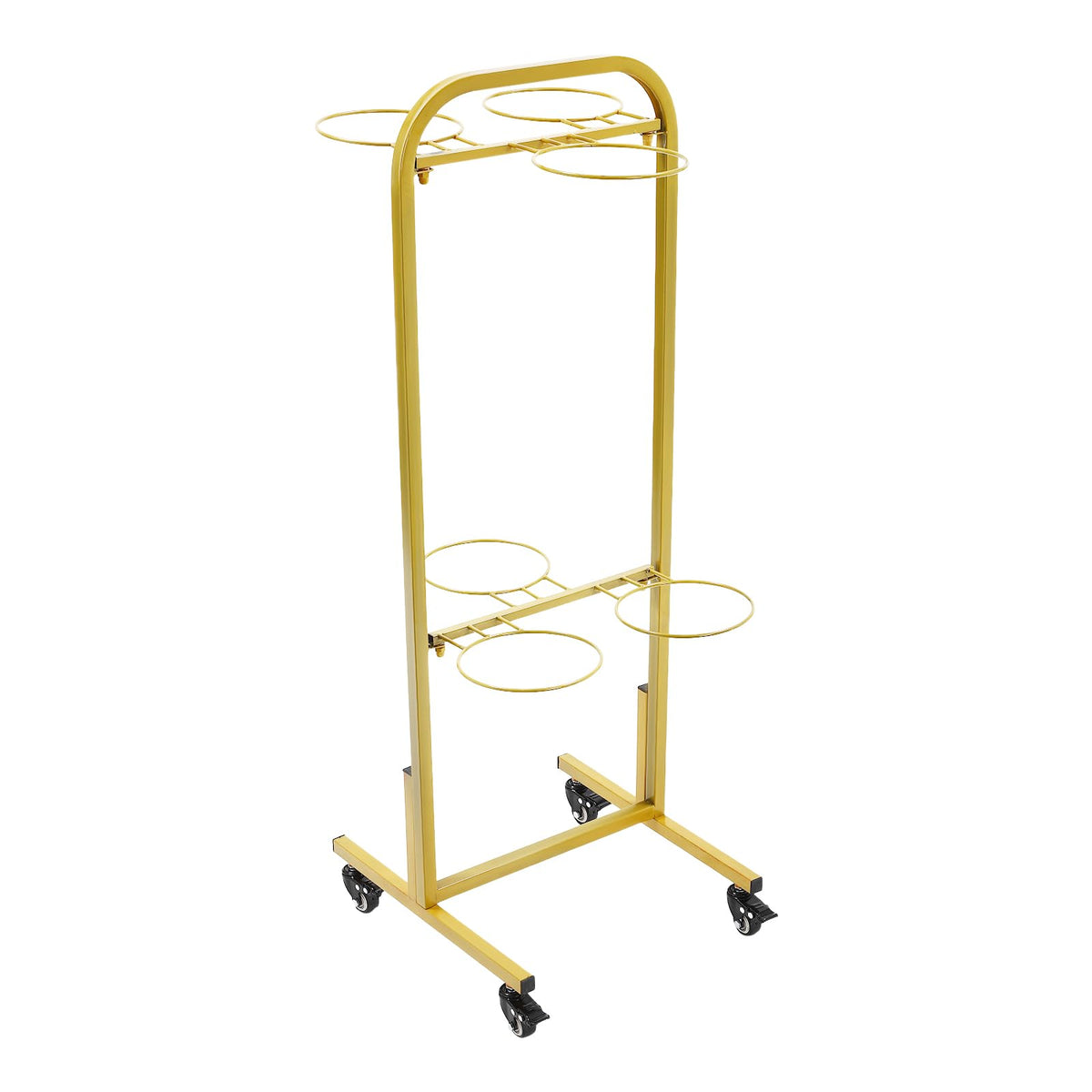 Nozue Flower Display Stand, 2Layers Metal Plant Stand with Wheels, with 6pcs Buckets, Portable Plant Moving Cart Frame for Indoor, Florist, Living Room (Gold - White Round Bucket)
