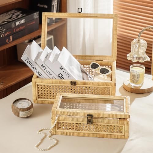 Rattan Decorative Box with Lid, Set of 2 Wicker Storage Baskets, Rectangular Woven Stacking Display Boxes with Glass Top, Large Natural Cane and Wood Storage Bins for Home Decor, Boho Shelf Organizer