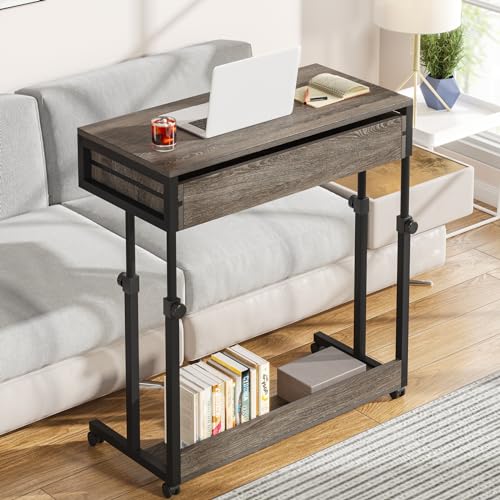 LITTLE TREE Portable Computer Desk with Wheels, Mobile Laptop Desk Table Standing Desk, Small Portable Desk Bed Desk with Drawers for Home Office (Grey, Adjustable Height 27.5'' to 41.3'')
