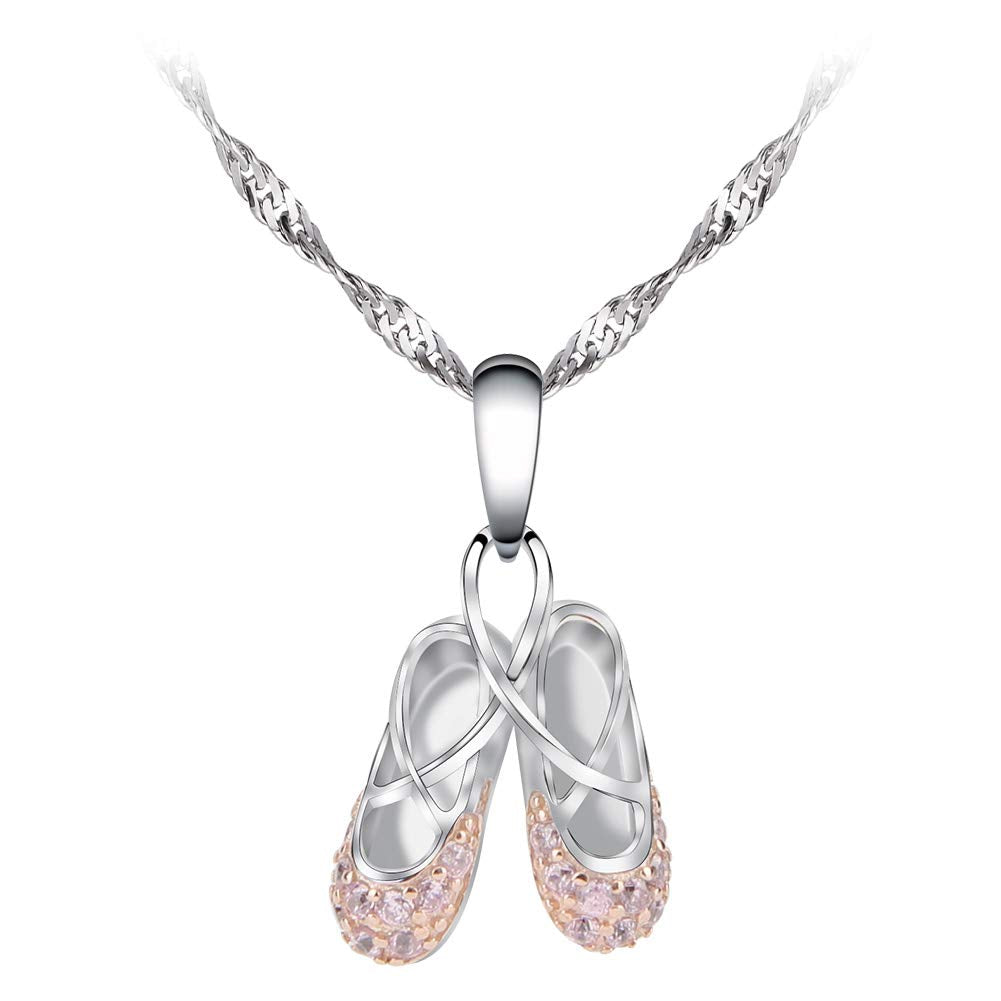 Gemschest 925 Sterling Silver Dance Recital Gifts for Girls Ballerina Necklace Jewelry Cubic Zirconia Ballet Slippers Shoes Necklace for Women Teen Little Girl & Dancer 18", Pink