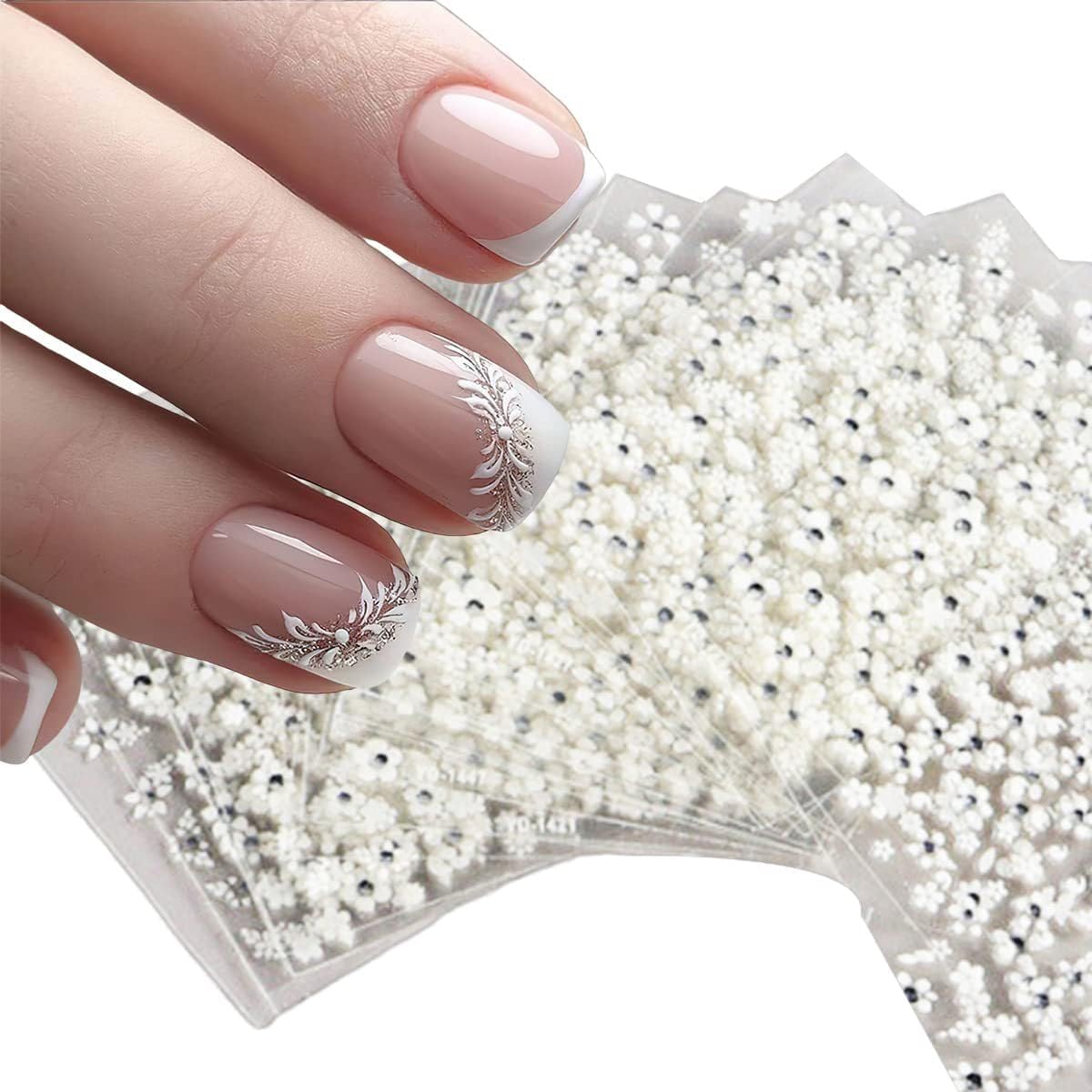 30 Sheets White Flower Nail Art Stickers, 3D Self Adhesive White Flower Nail Sticker Design Holographic Small Floral with Rhinestones Nail Art Decals Nail Supplies for Women Girls Manicure Decoration