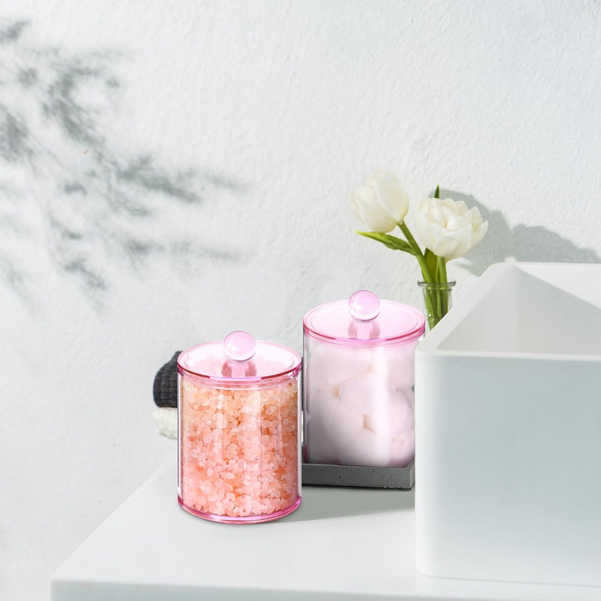 2 Pack Qtip Holder,Canister Apothecary Jar Set, Bathroom Jars with Lids Set for Cotton Swabs, Balls, Pads, Floss Picks,10oz-12oz Plastic Canisters Restroom Bedroom Vanity Organizer(Pink)