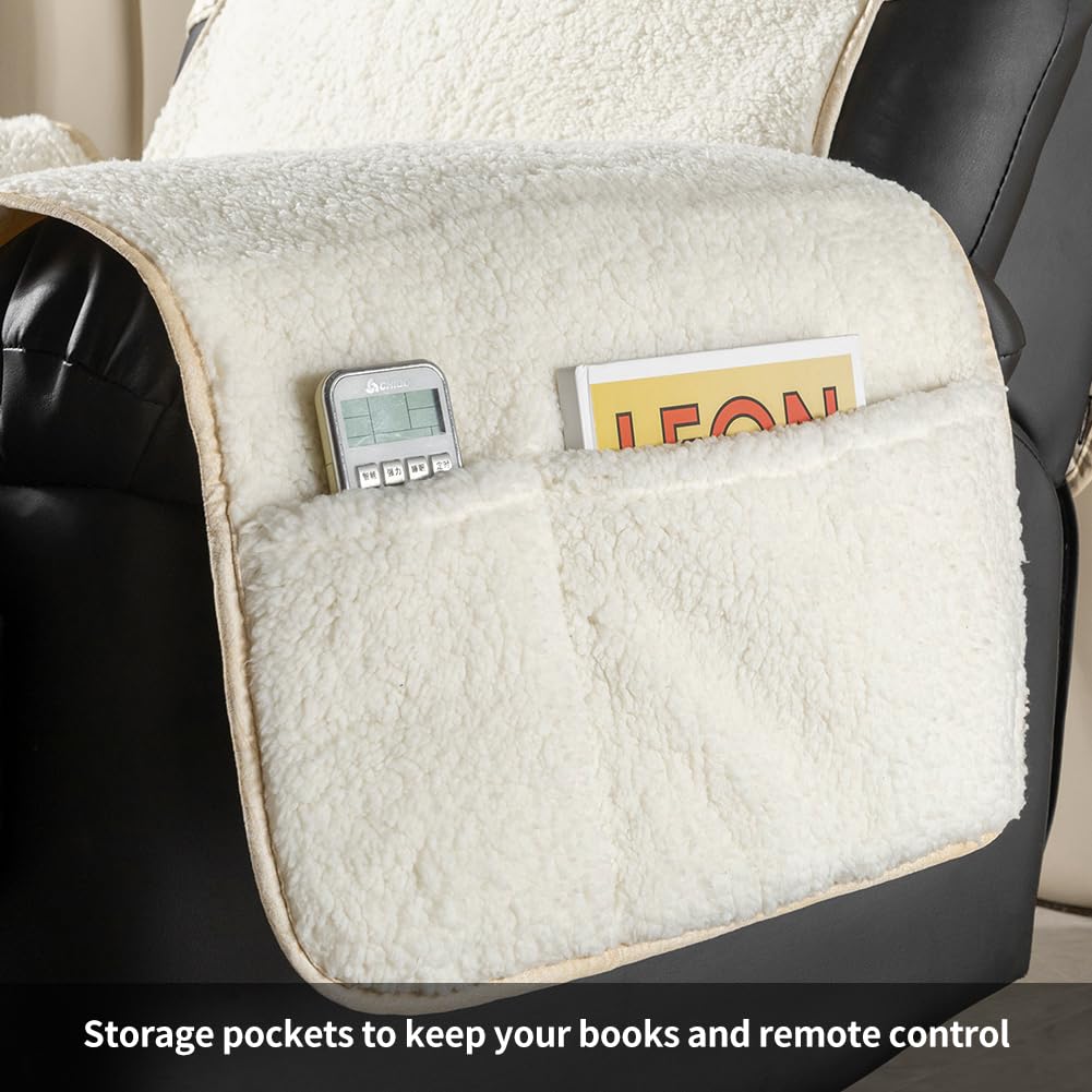 STONECREST Recliner Chair Cover, Sherpa Slipcover, Stay in Place (White/Beige, 23" Regular Recliner)