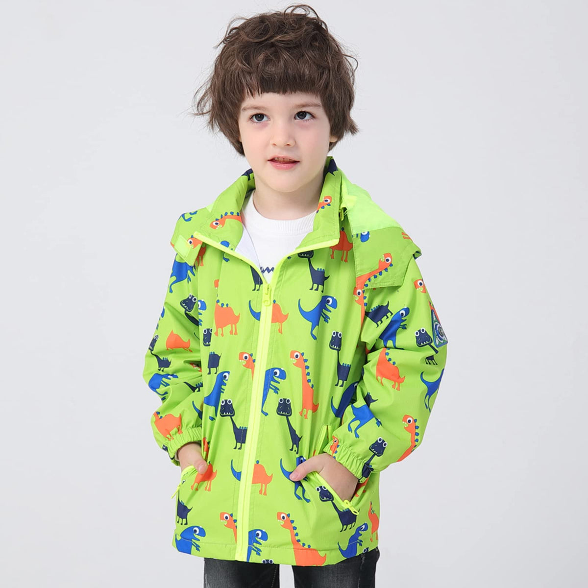 IjnUhb Waterproof Hooded Jacket for Boys Girls,Kids Raincoats Outdoor Windbreaker Dinosaur Rain Jacket (Green,4T)