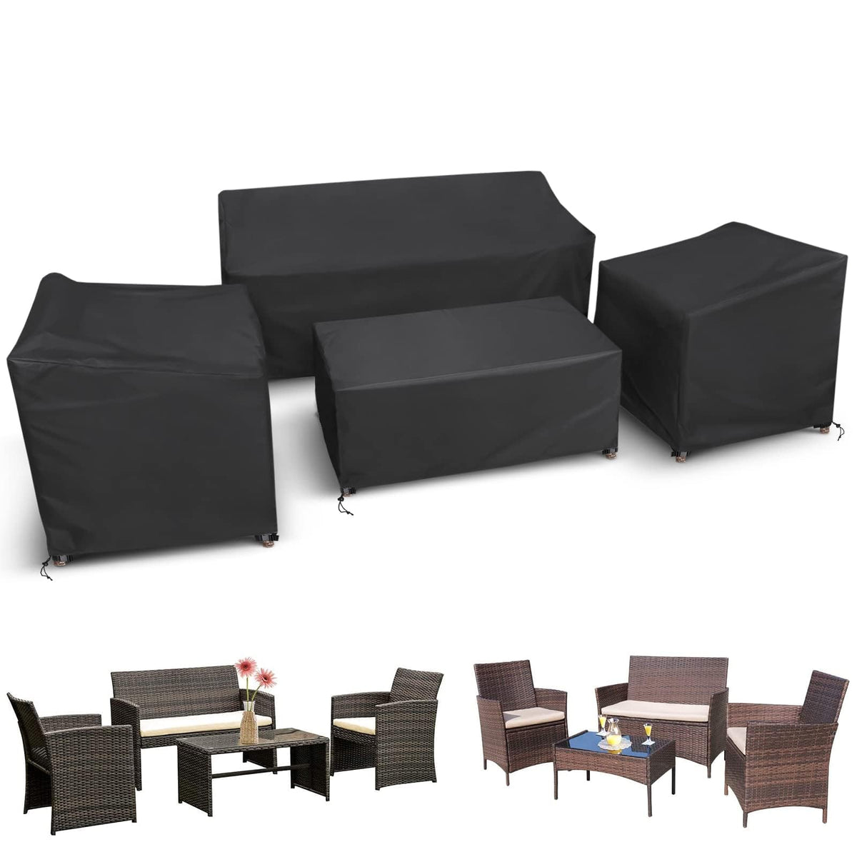 STARTWO Patio Furniture Covers 4 Piece Set, Heavy Duty Waterproof Outdoor Furniture Cover for Rattan Wicker Conversation Set, Black