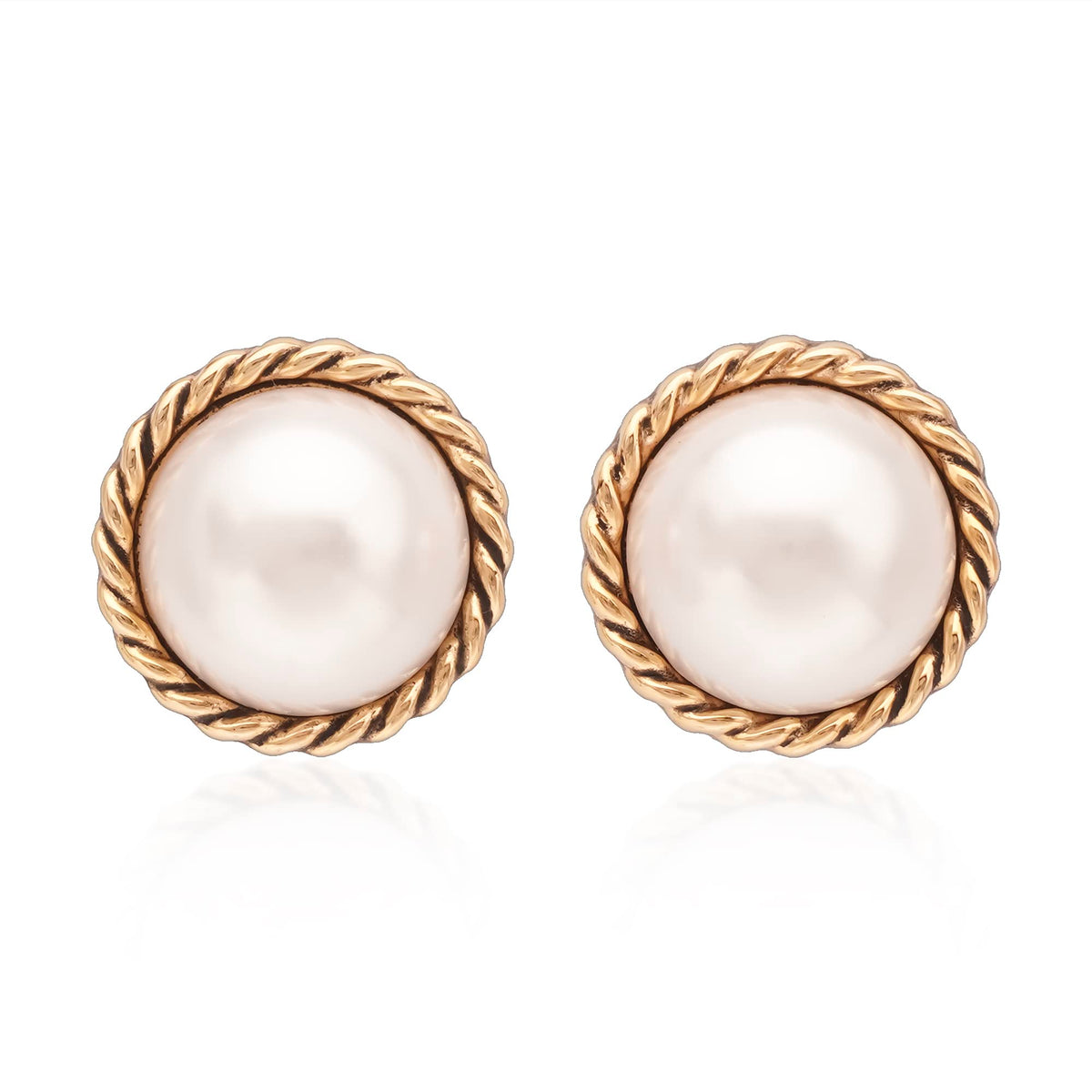Mierfyni Pearl Stud Earrings, Gold Pearl Earrings Studs, Faux Pearl Earrings for Women Gold Plated 18K, Big Gold Stud Earrings Mabe Pearl Button with Gold Twist Trim