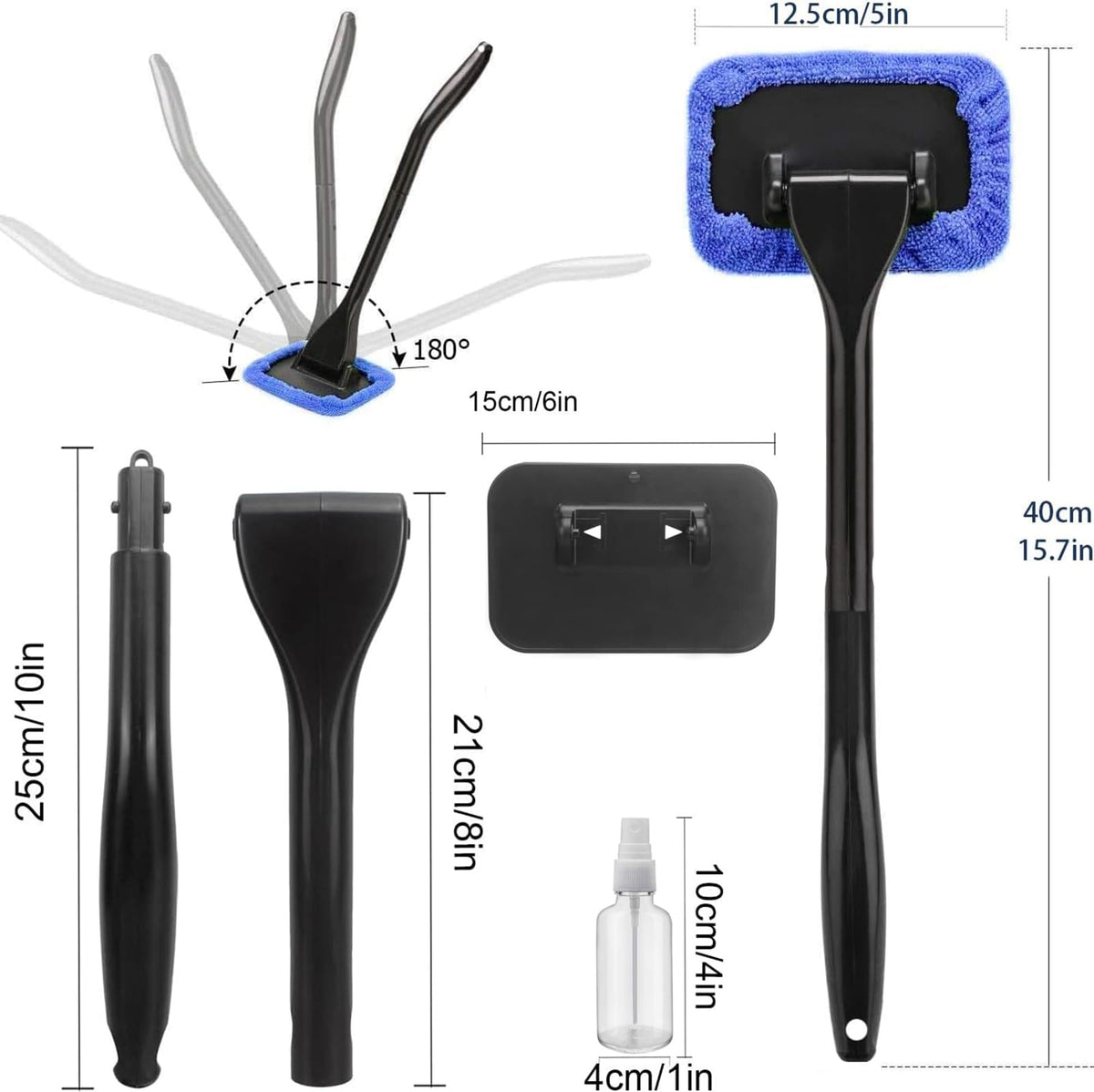 Car Windshield Cleaner Kit with Spray Bottle – Detachable Handle Auto Glass Cleaning Tool with 5 Reusable Microfiber Pads and 30ml Refillable Sprayer – Portable Interior Car Window & Mirror Washer