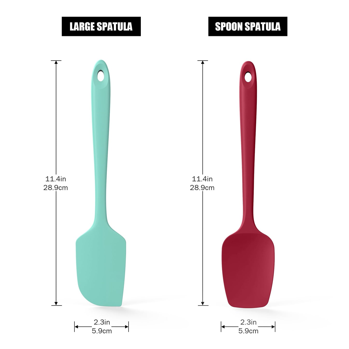 Doosu Silicone Scraper Spoon Spatulas, 600°F Heat Resistant BPA Free Rubber Flat Spatula, Kitchen Mixing Stirring Cooking Spoonula, Non-Stick Dishwasher Safe Baking Supplies (2 Pcs, Aqua+Red)