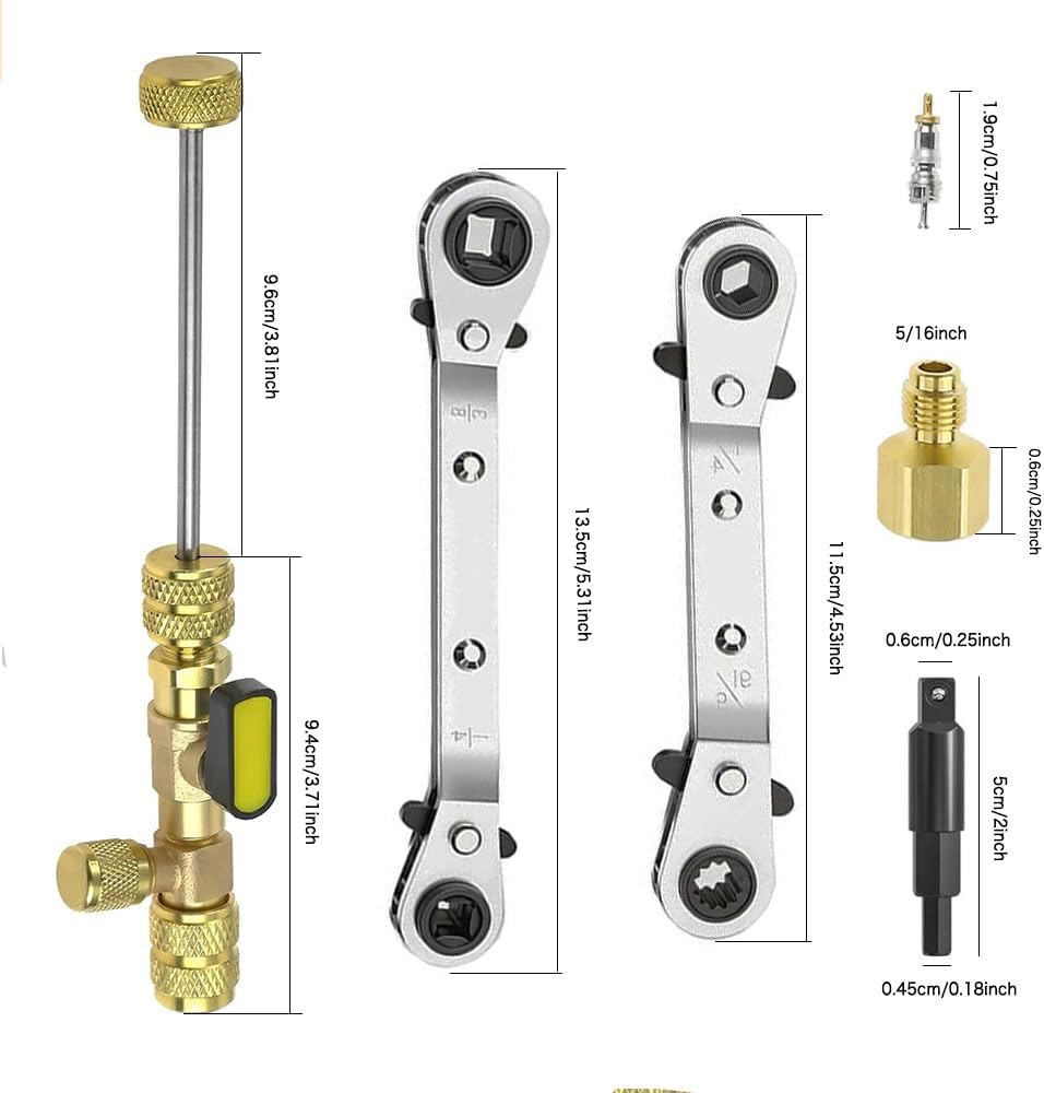 Valve Core Remover Installer Tool & HVAC Service Wrench Set with Hex Bit Adapters, Dual Size SAE 1/4 & 5/16 Port,3/8'' to 1/4'', 5/16'' x 1/4'' Refrigeration Service Wrench,10pcs Valve Core