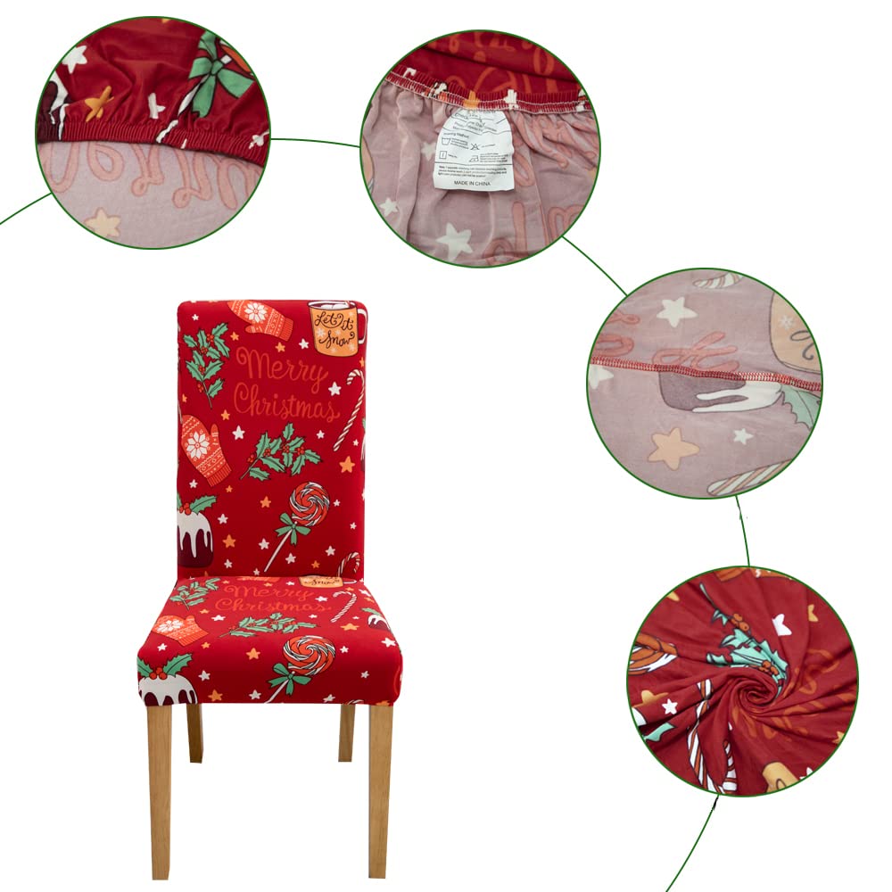 Christmas Dining Chair Covers, Xmas Stretch Chair Protector Slipcovers, Printed candy cane,candy,cake,eggnog,evergreen bough,stars,mitten,Poinsettia Spandex Chair Cover Set of 4 (Christmas-06)