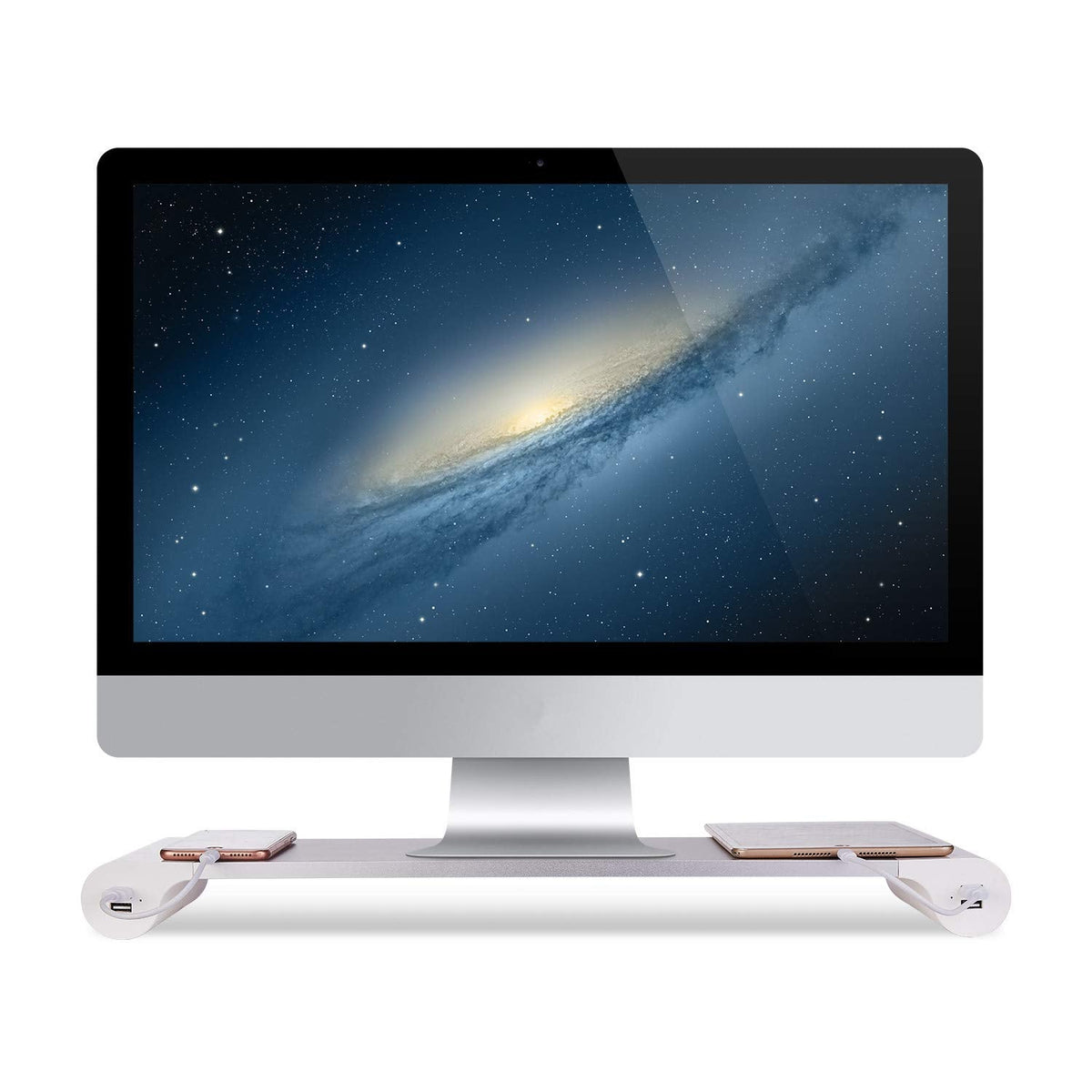 PG Desktop monitor stand with 4 USB charging ports - Convenient keyboard organiser and monitor raising stand for laptops, TVs, printers, fax machines and computers - Convenient desktop organiser