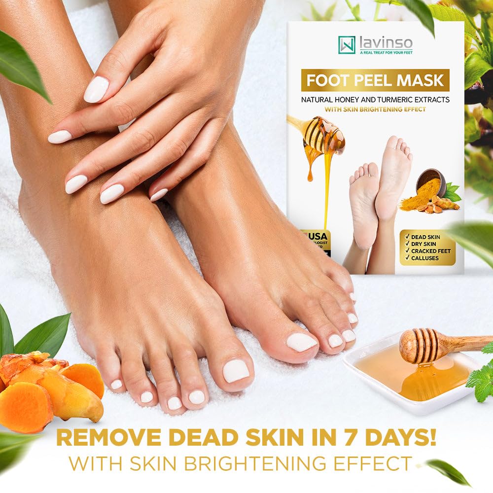 Lavinso Honey Feet Peeling Mask for Dry Cracked Feet - 3 Pack - with Kojic Acid Skin Brightening Effect - Exfoliating Dead Skin and Calluses - Foot Peel Mask for Baby Soft Feet