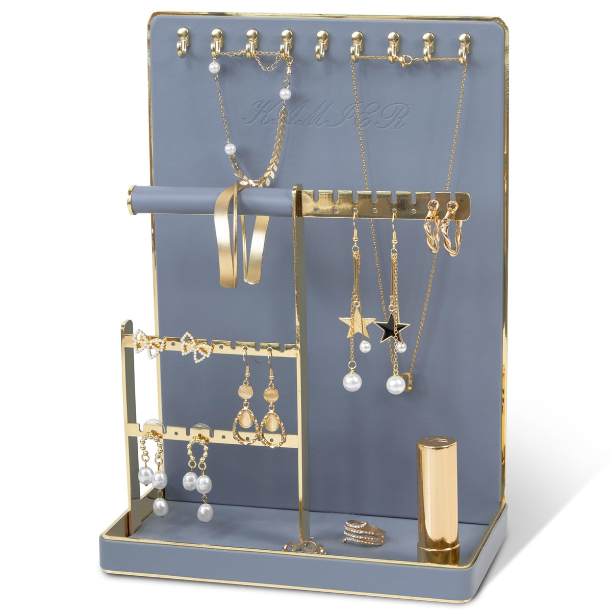 KAMIER Jewelry Organizer Stand for Necklace - 4 Tier Jewelry Holder Organizer with 10 Holes for Earring Organizer - Aesthetic Jewellery Rack Tower Bracelets Storage for Girls,Bluish Grey