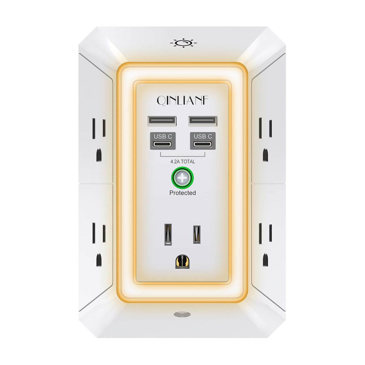 Wall Charger, Surge Protector, QINLIANF 5 Outlet Extender with 4 USB Charging Ports (4.8A Total) 3-Sided 1680J Power Strip Multi Plug Adapter Spaced for Home Travel Office (3U1C)