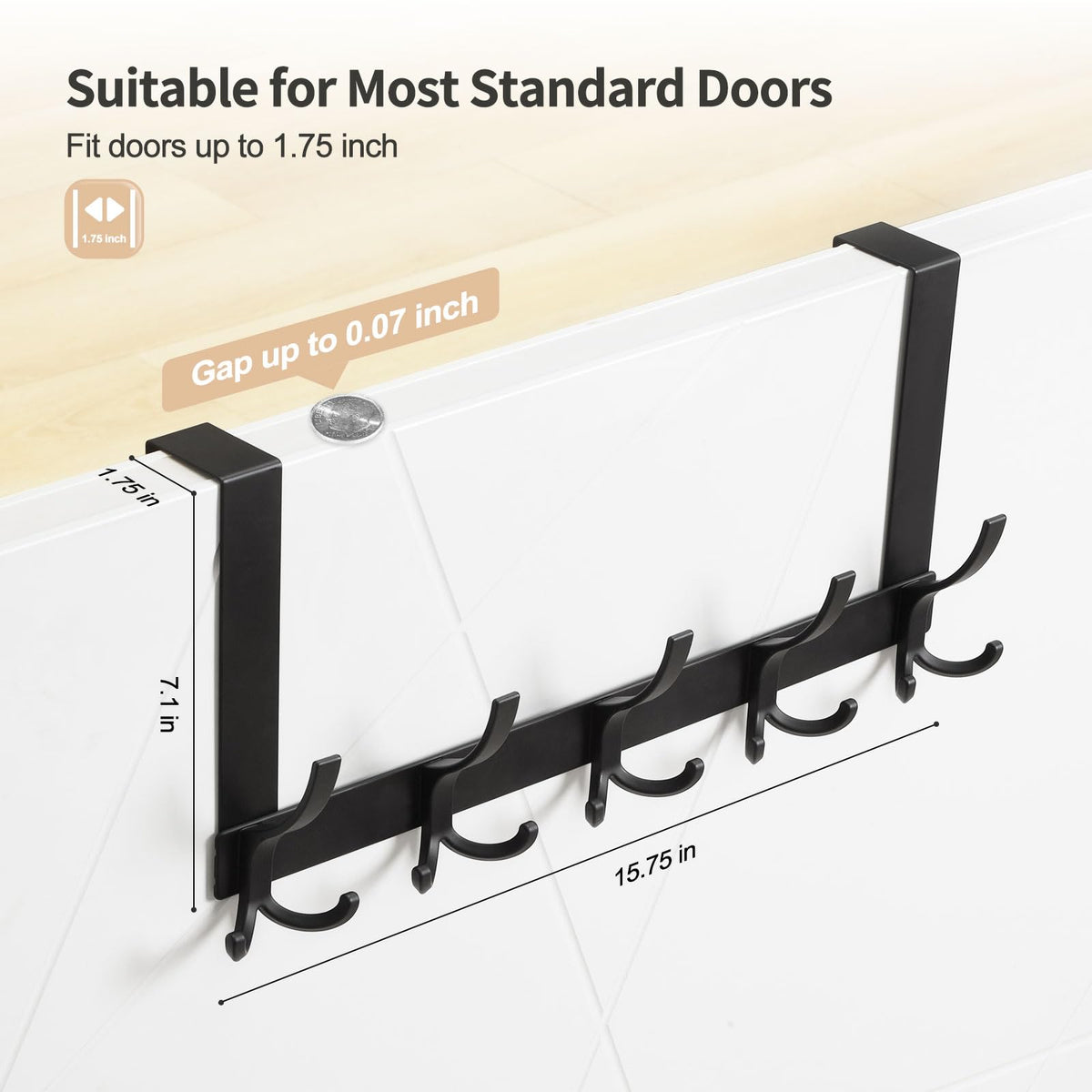 Optish Over The Door Hooks for Hanging, Over The Door Hanger, Over The Door Towel Rack for Bathroom with 5 Triple Coat Hooks, Bathroom Towel Holder Towels Hanger (Black, 1 Pack)
