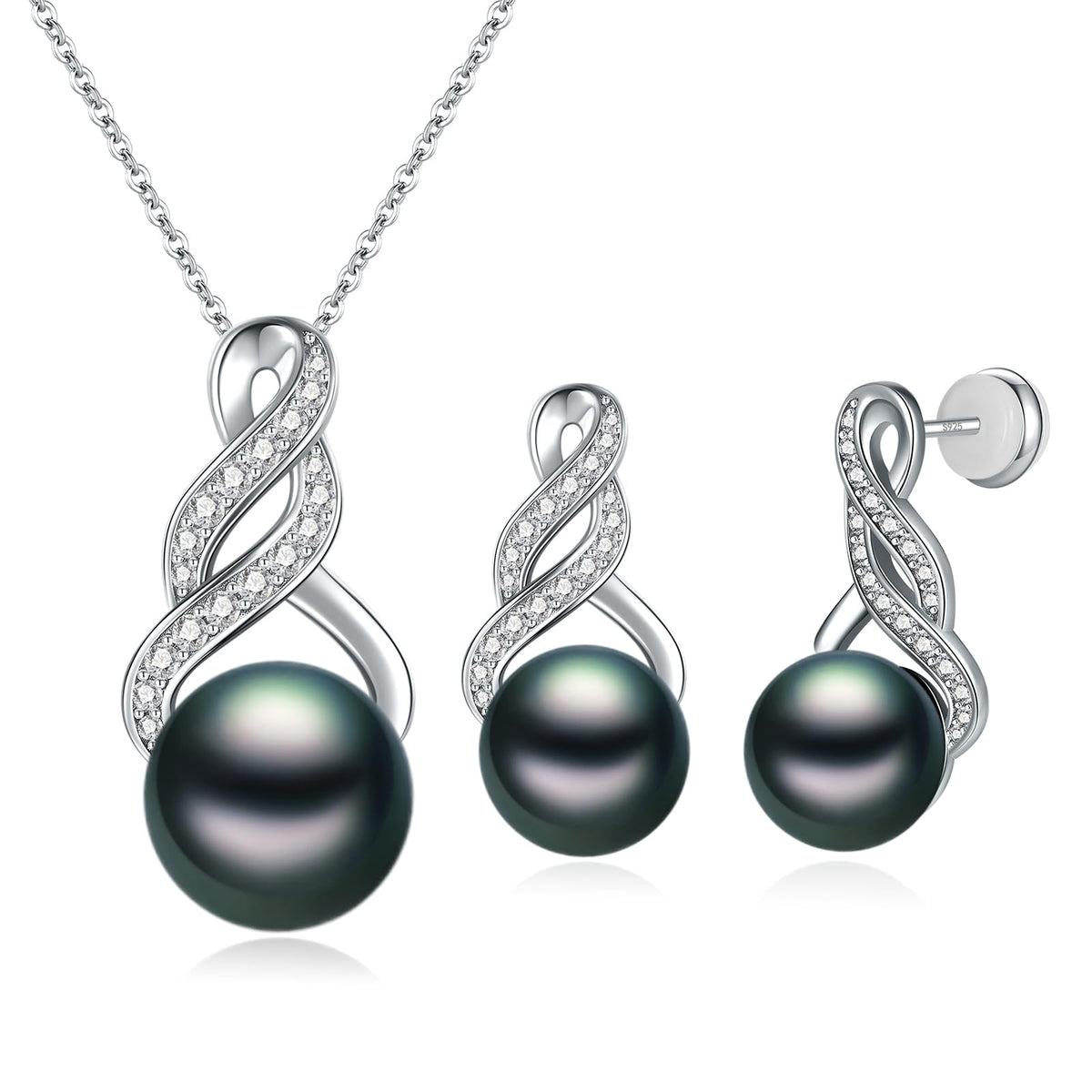 LOIPURI Pearl Necklace and Earring Set for Women - 925 Sterling Silver Pearl Jewelry Set Rhodium/Gold Plated Anniversary Birthday Gifts for Her Packaged in Preserved Rose Box