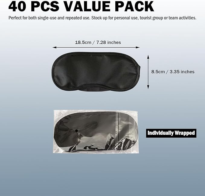 40 Pack Eye Mask - Light Blocking! Eyeshade for Sleep, Blindfolds for Party Games Travel Rest SPA Team Building, Disposable Sleep Mask for Women Men Kids, Eye Covers w/Adjustable Strap & Nose Pad