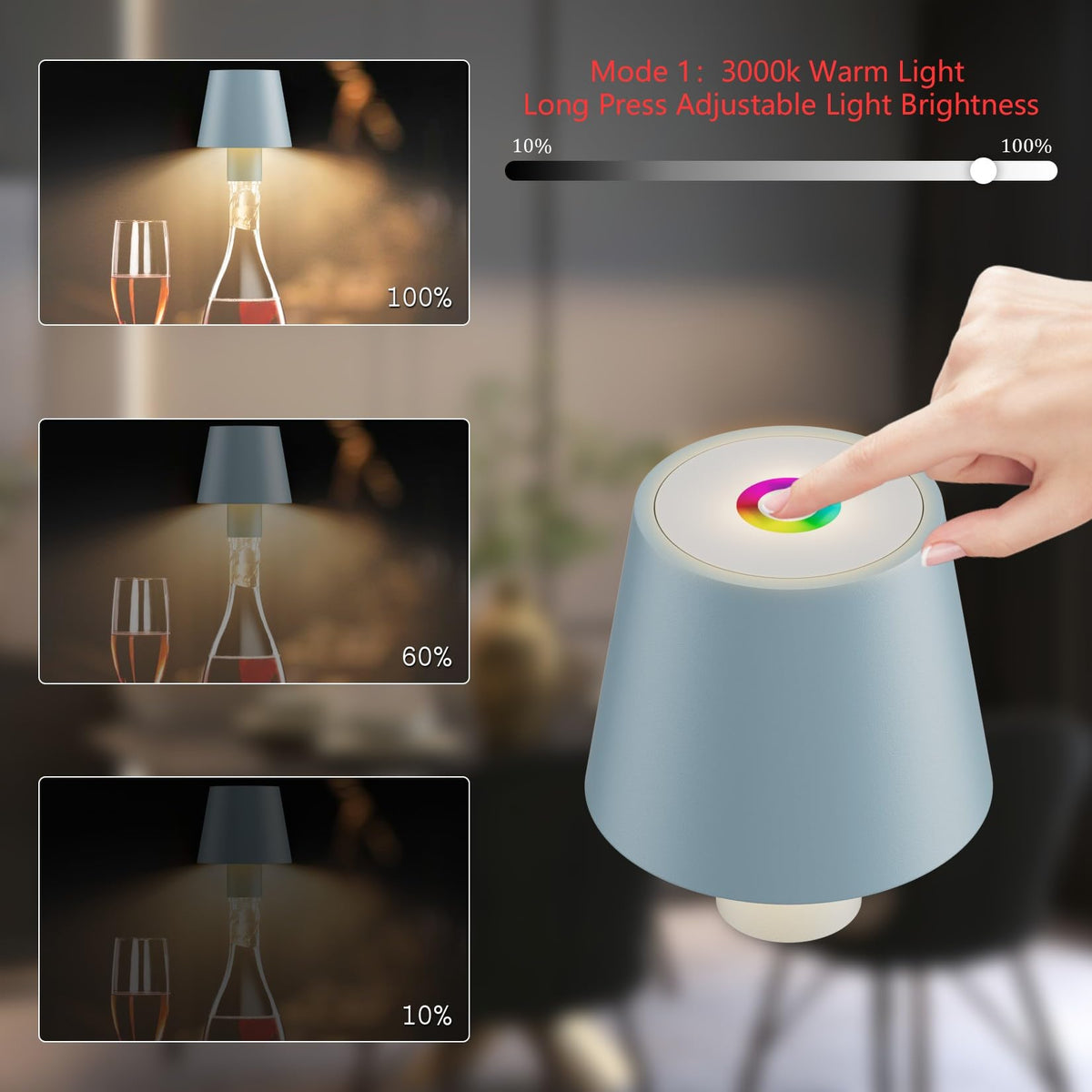 Howskys 2 Pack LED Dimmable Bottle Lamp 3000k+RGB, IP54 Wireless Lamp for Indoor & Outdoor, 5500 mAh Rechargeable, Blue