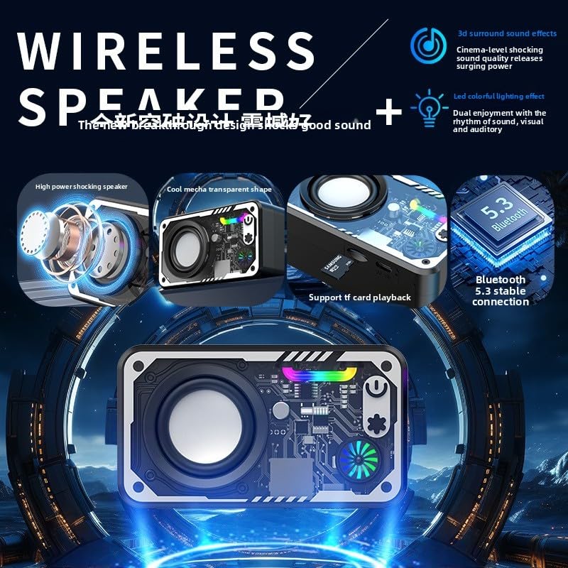 Bluetooth Wireless Speaker with LED Lights, Portable Outdoor Speaker with TF Card Support, 3D Surround Sound, Dual Pairing, Transparent Mecha Design (Blue)