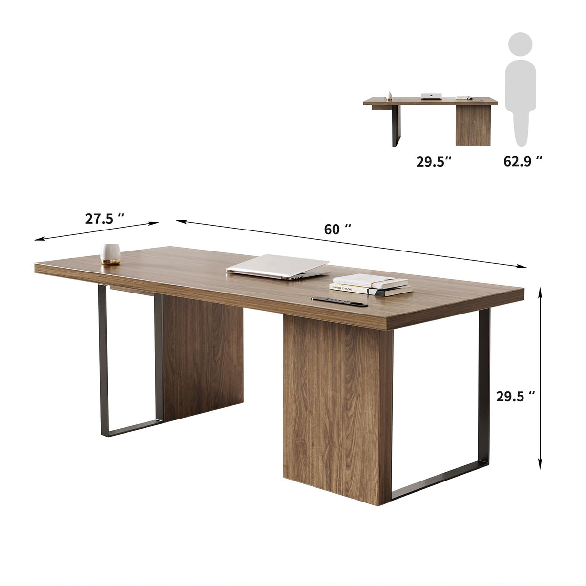 MesaSync 60-Inch Large Executive Desk, Modern Minimalist Wooden Computer Office Desk Workstation with Extra Thick Tabletop and Built-in Power Outlet, Business and Home Office