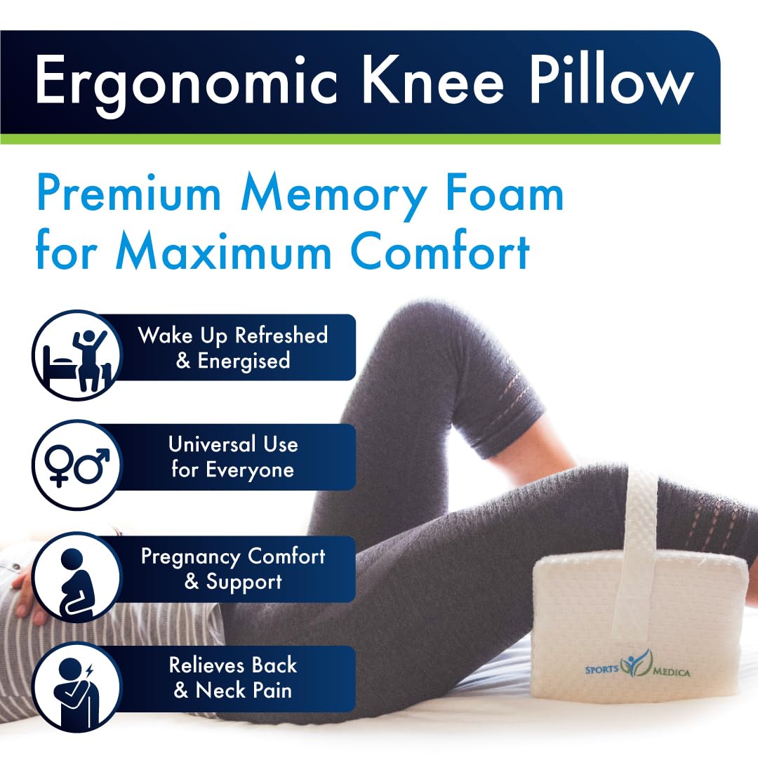 Sports Medica Doctor Developed Knee Pillow for Side Sleepers - Washable Cover Memory Foam Leg Pillow for Side Sleeping, Lower Back & Sciatica Pain Relief - Spine Alignment - Between Knee Hip Cushion