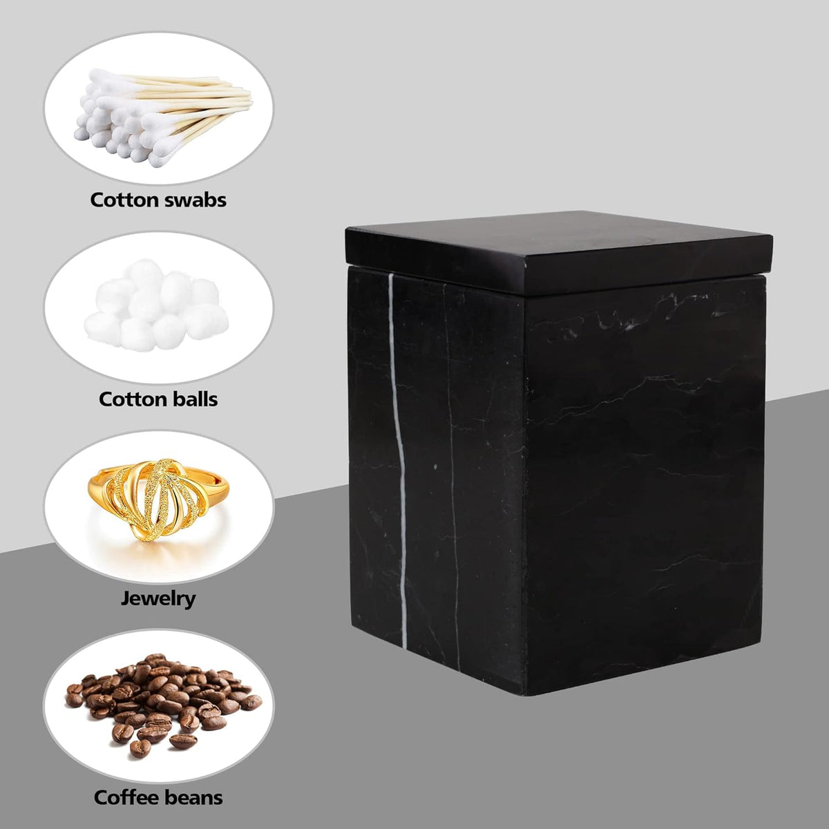 WORHE Marble Canister Natural Stone Qtip Holder with Lid Square Bathroom Vanity Organizer for Makeup Sponge Coffee Bean Dispenser Storage Jar Case for Home Decor Black (DLB202)