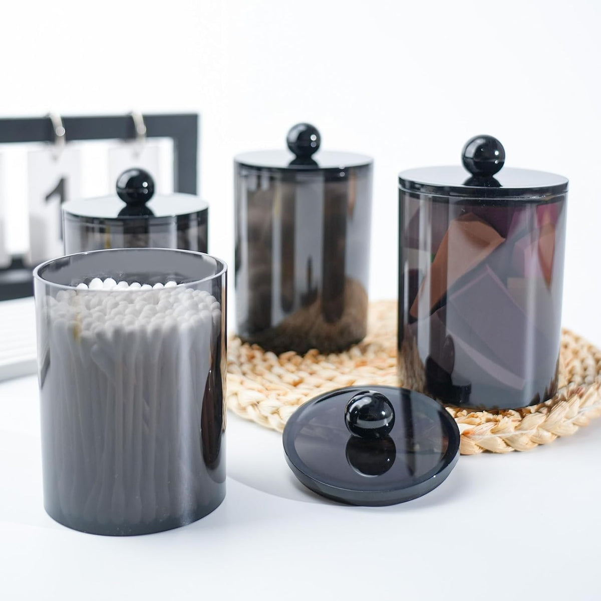 4 Pack Qtip Holder,Canister Apothecary Jar Set, Bathroom Jars with Lids Set for Cotton Swabs, Balls, Pads, Floss Picks,10oz-12oz Plastic Canisters Restroom Bedroom Vanity Organizer(Black)
