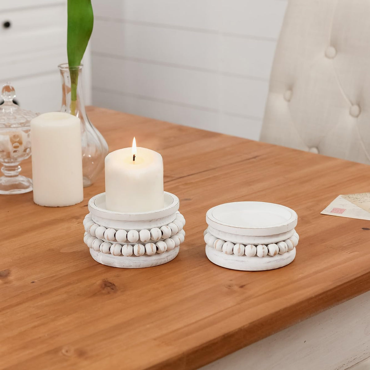 NIKKY HOME Farmhouse Beaded Wooden Candle Holders Set of 2, Rusitc Solid Wood Pillar Candlesticks Pedestal, Fireplace Mantle Table Centerpiece Decor, Distressed White