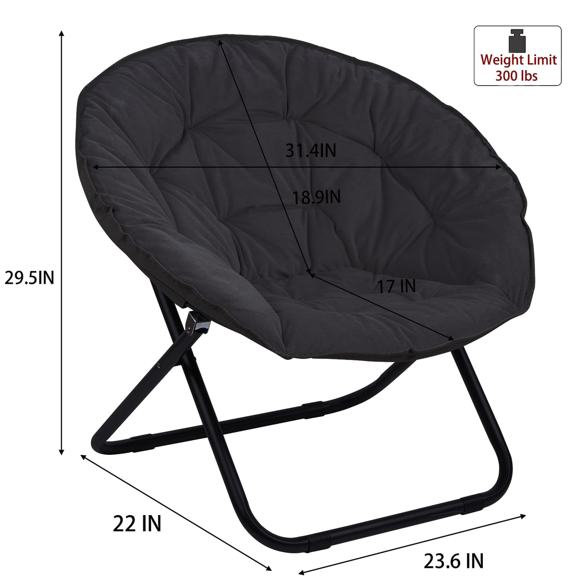 Folding Faux Fur Saucer Chair,Portable Folding Soft Moon Chair for Bedroom, Dorm Rooms, Apartments, Lounging, Garden and Courtyard, Black