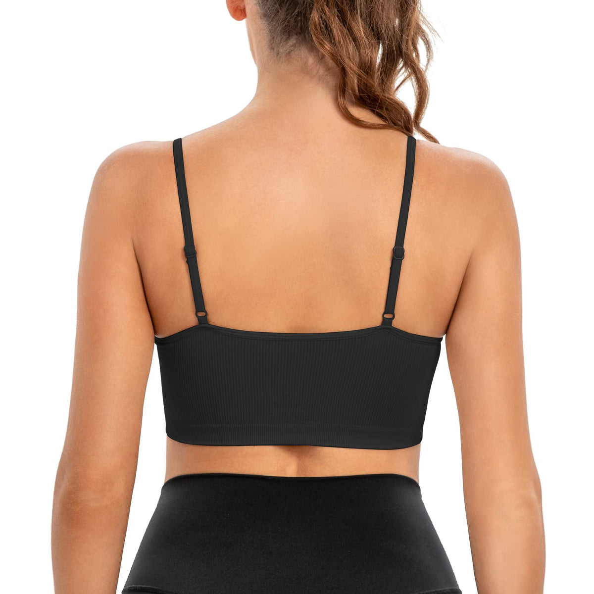 INIBUD Sports Bras for Women Bandeau Padded Ribbed Bralette Adjustable Strap Workout Square Neck Seamless Crop Top Backless (l, Black&Wheat&Off White)