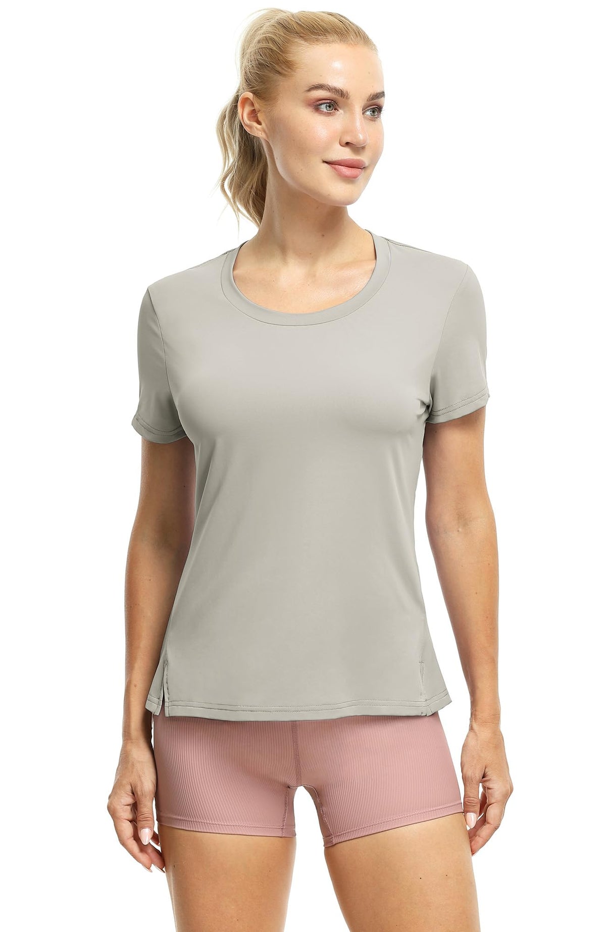 icyzone Women's Athletic Short Sleeve T-Shirts for Workout Running Yoga (Pack of 3) (Black/Natural Grey/Pale Peach, M)