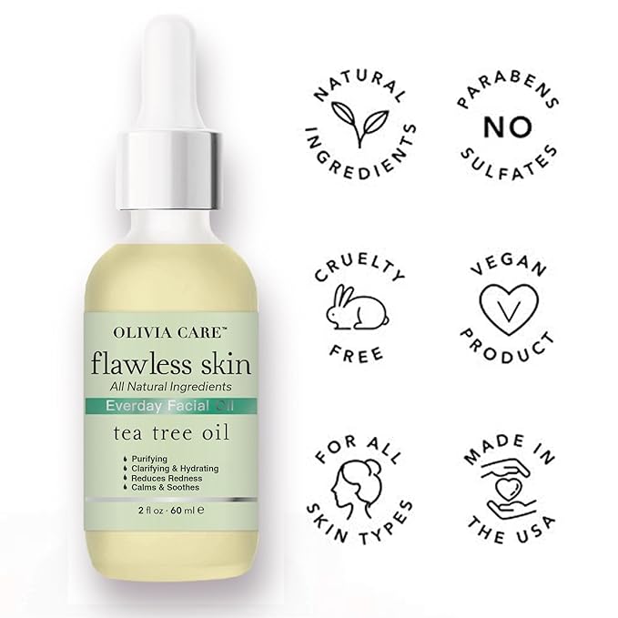 Olivia Care Flawless Skin Everyday Facial Oil – 100% Natural Tea Tree Oil – Lightweight & Hydrating – for Smooth, Nourished, and Radiant Skin – 2 fl oz
