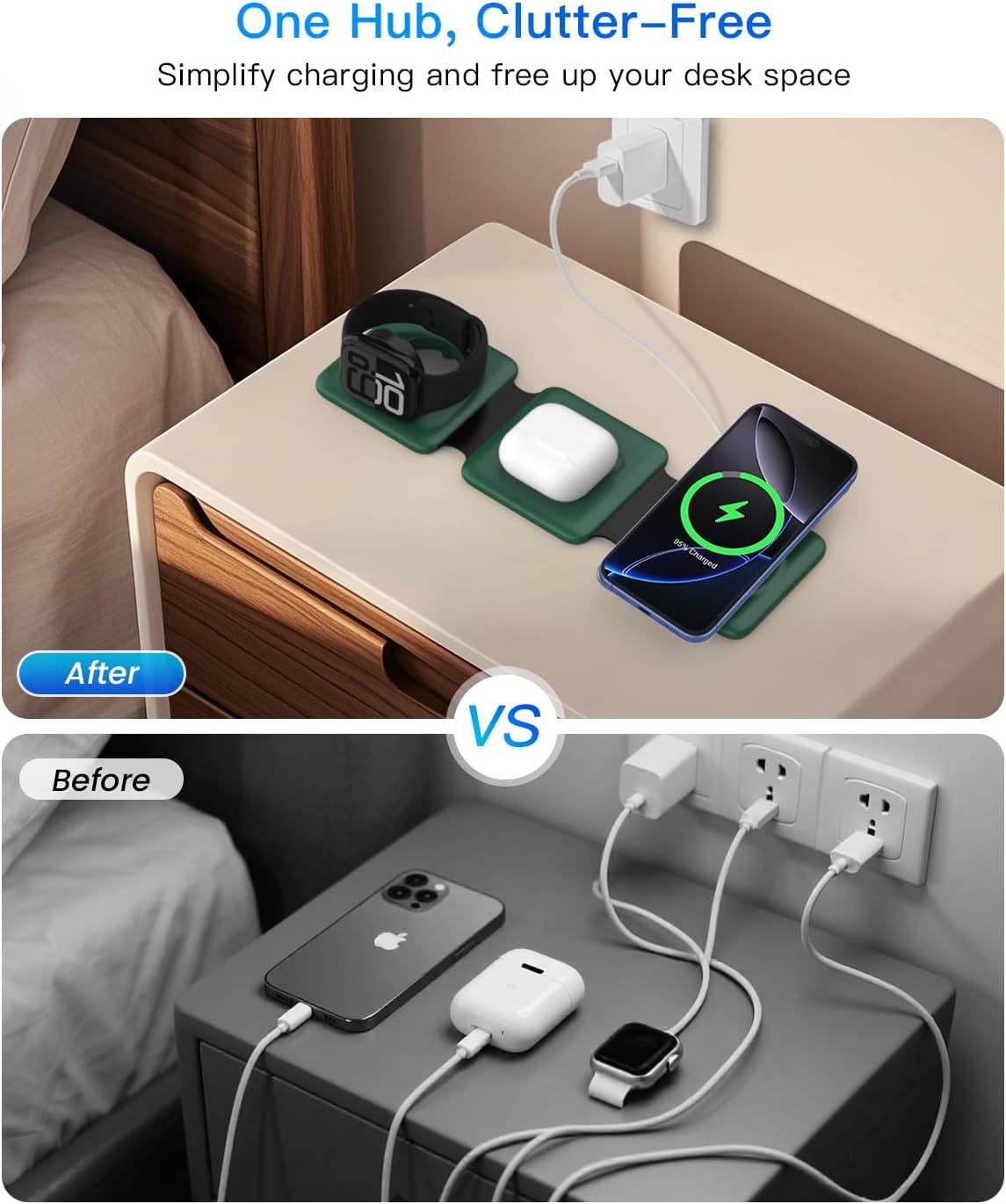 3 in 1 Wireless Charger for iPhone - Foldable Charging Station Travel Charging Dock Compatible with iPhone 16 15 14 13 12 Pro Max Plus Watch & Airpods