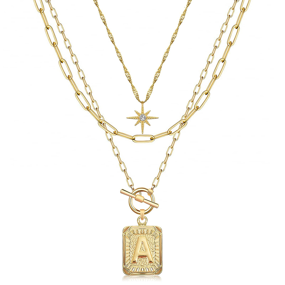 MJartoria Layered Initial Necklaces for Women Trendy, 14K Gold Plated Simple Star Choker Square Letter Pendant Necklace, Paperclip Chain Necklace, Gold Necklaces Jewelry Gifts (Gold, A.)