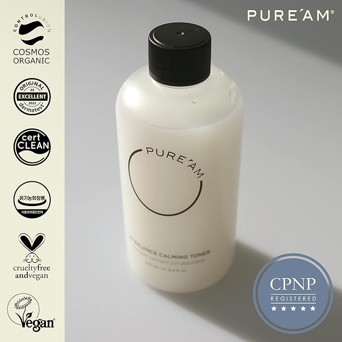 PURE'AM - Korean Toner for Dry Skin - Deeply Hydrating - Hyaluronic Acid & Vegan Ceramides - Korean Skincare Toner for Face, Sensitive Skin - Redness & Acne - 8.4 fl. oz, 250 ml