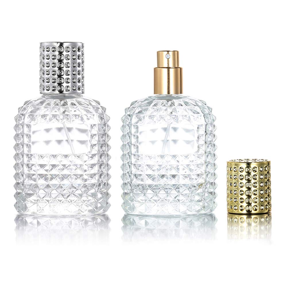 luojery 2 Pack 50ml Thick Clear Glass Fine Mist Spray Scent Aftershave Luxury Perfume Bottles Empty Atomizer Spray Bottle with 4 kinds of perfume dispenser (50ml Silver cap and 50ml Gold cap)