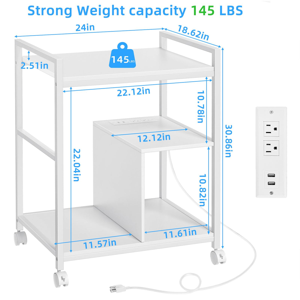 Lerliuo Printer Stand with Charging Station and USB Ports, Large 3-Tier Mobile Printer Table with Storage Shelf, White Rolling Industrial Printer Cart with Lockable Wheels for Home Office