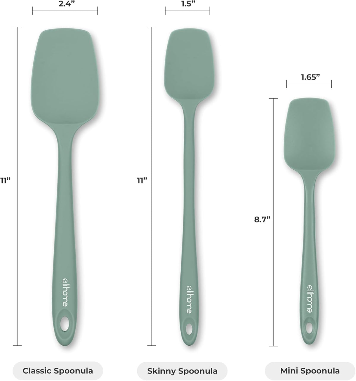 Elihome Classic Silicone Spoonula - Non-Stick Heat Resistant Silicone Scraper Spatula for Mixing, Serving, Scraping, Stirring, and More - 11 Inch, Sage Green