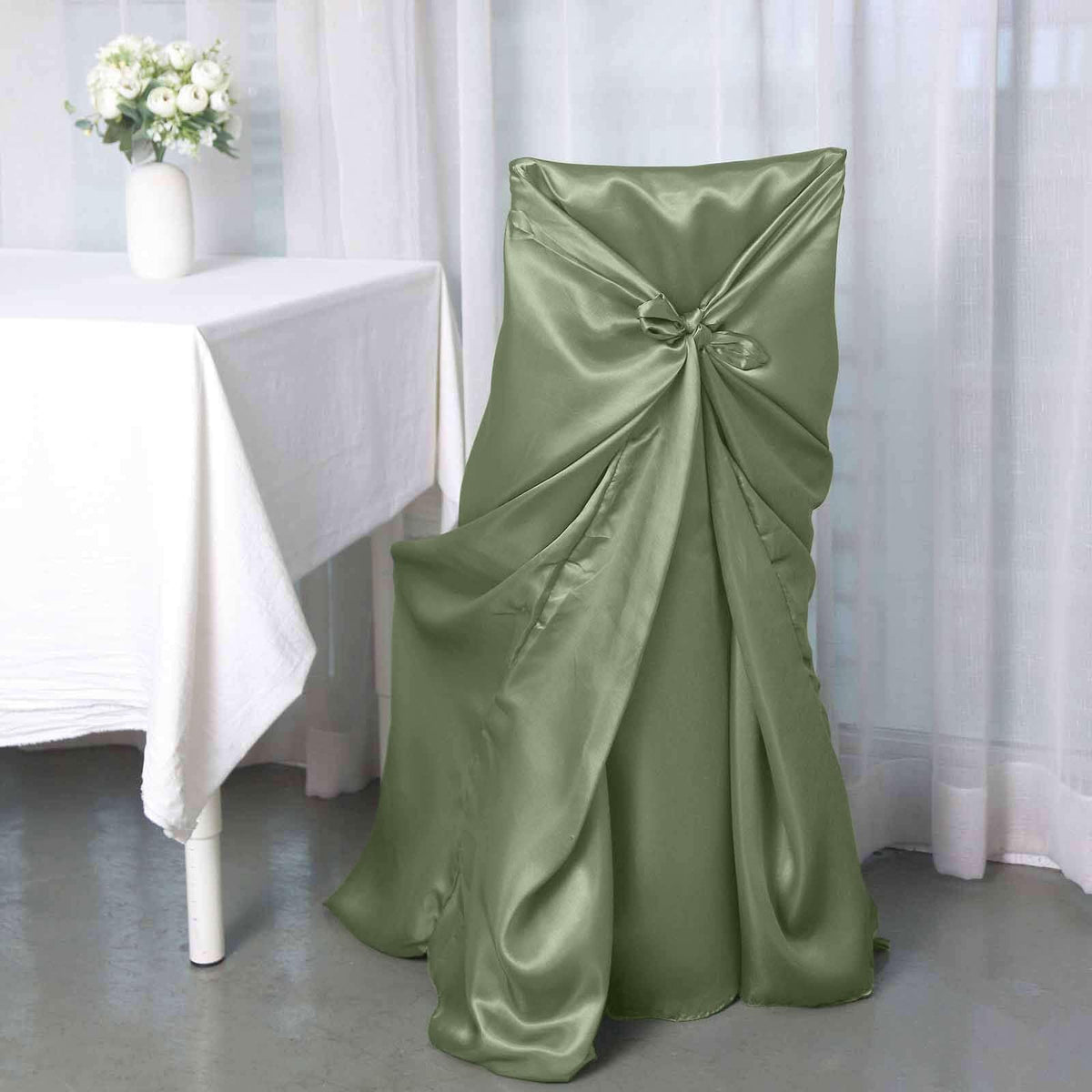 Efavormart Dusty Sage Green Chair Covers for Party 1 PCS Satin Self Tie Universal Banquet Wedding Folding Chair Cover for Dining Chairs Washable Slipcovers for Outdoors Events