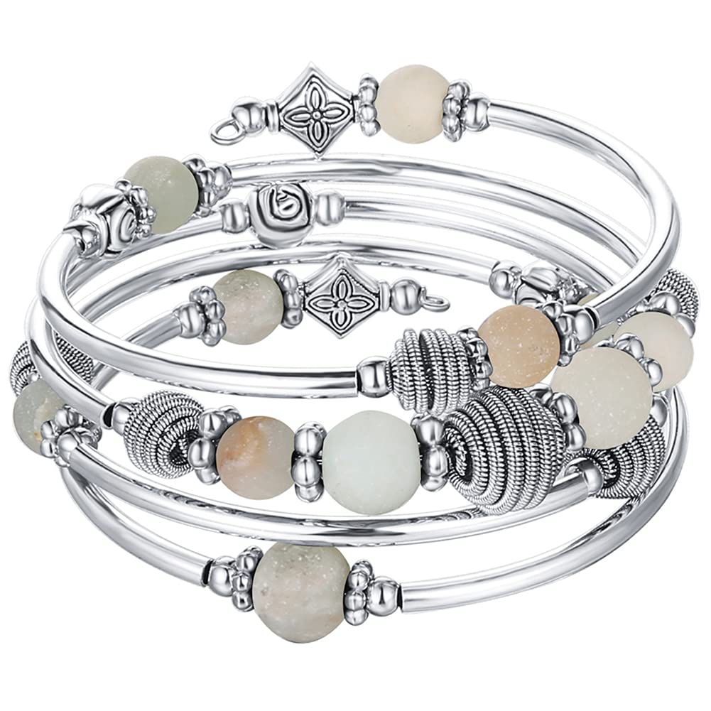 PEARL&CLUB Beaded Chakra Bangle Turquoise Bracelet - Fashion Jewelry Wrap Bracelet with Thick Silver Metal and Mala Beads, Birthday Gifts For Women(Green)