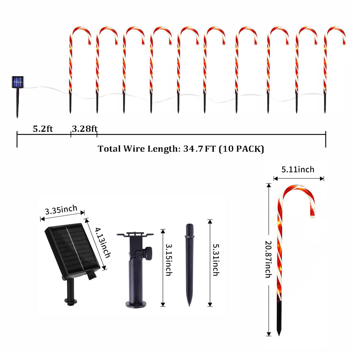 Outdoor Christmas Decorations, 10 Pcs Christmas Candy Cane Lights, 21'' Solar Pathway Lights with 8 Lighting Modes, Waterproof Garden Lights for Outdoor Xmas Patio Yard Walkway Decorations