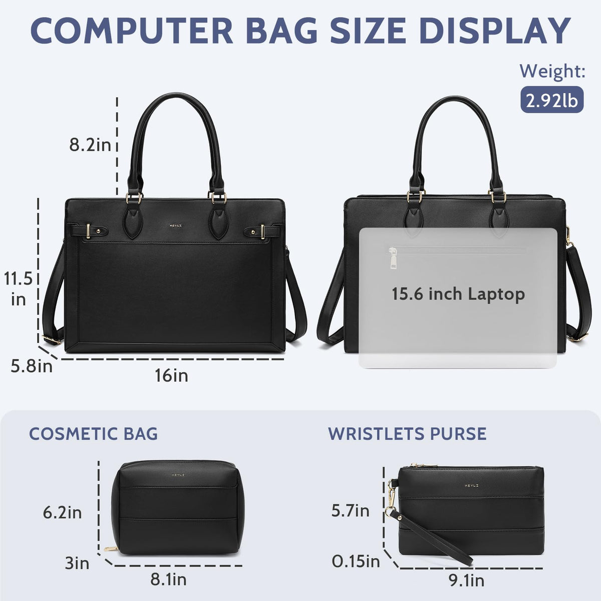 Keyli 3pc Sets Laptop Tote Bag for Women 15.6 Inch Work Bag Business Computer Briefcase Waterproof Leather Laptop Purses Casual Shoulder Handbag Messenger Bags for Travel Teacher Office Black