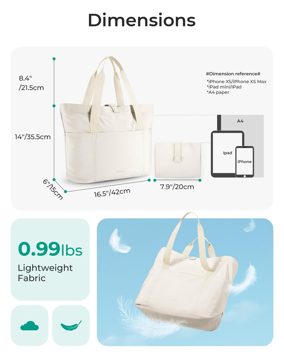 BAGSMART Tote Bag for Women, Foldable Tote Bag With Zipper Travel Large Shoulder Bag Handbag for Work-16.5''l X 6''wx 14''h