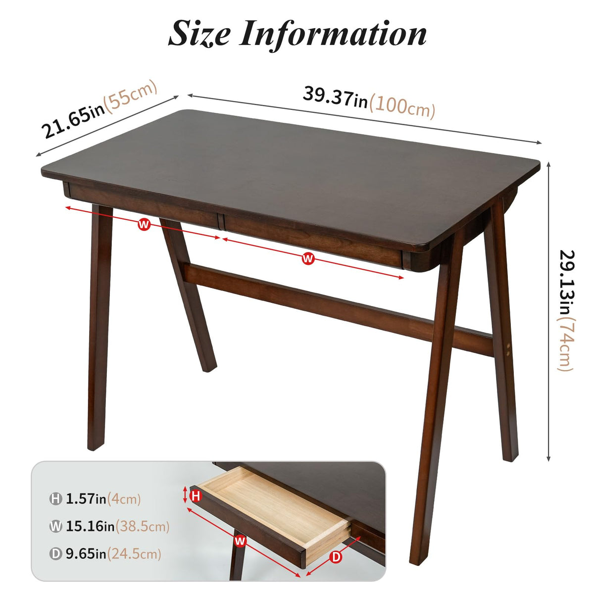 Cttasty Computer Desk with Drawers, Solid Wood Writing Desk, Mid Century Modern Home Office Desks, Oak Study Table, Small Desk for Bedroom, 29.1 H x 39.4 W x 21.7 D Inches, Walnut