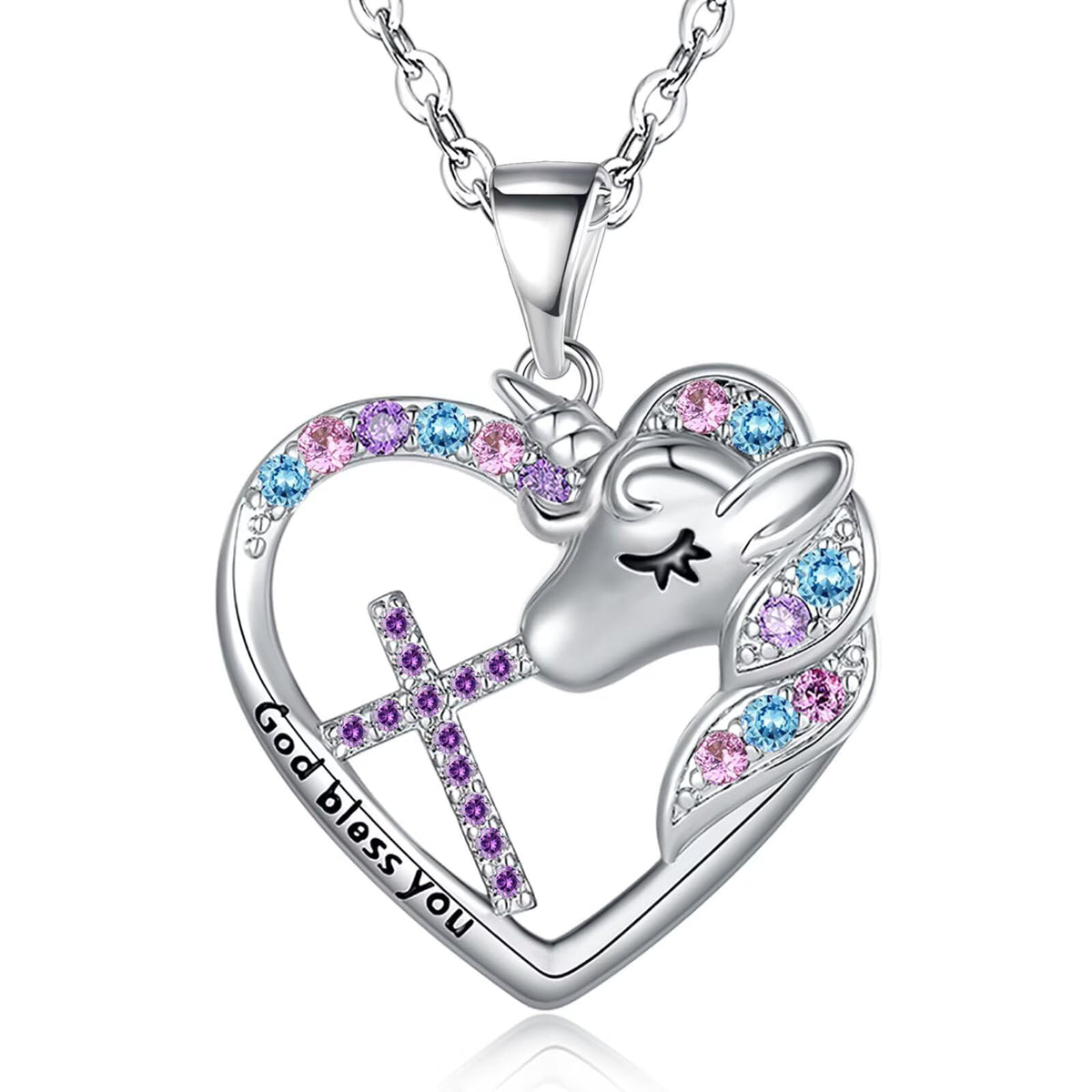 BAOWING Unicorn Cross Necklace for Kids Girls Birthstone Heart Pendant Jewelry First Communion Baptism Confirmation Gifts for Godchild Teens Little Girls Daughtet Granddaughter February