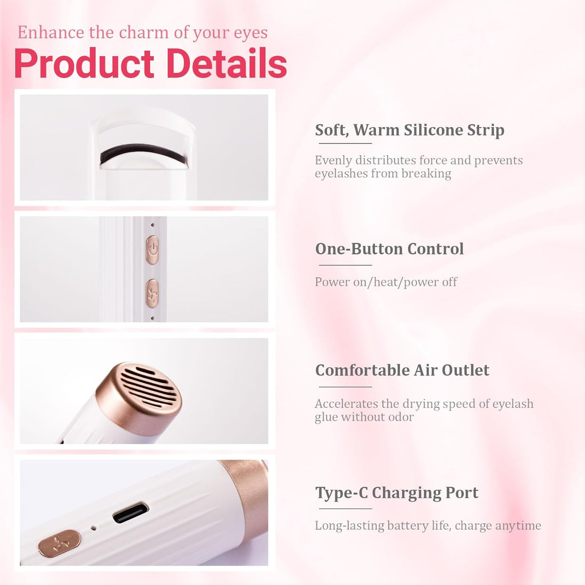 Heated Eyelash Curler Professional, 2 Heat Modes Fast Heat up in 8s, Rechargeable Electric Eyelash Curler with Type-C, White Electric Heated Lash Curler for Women Girls