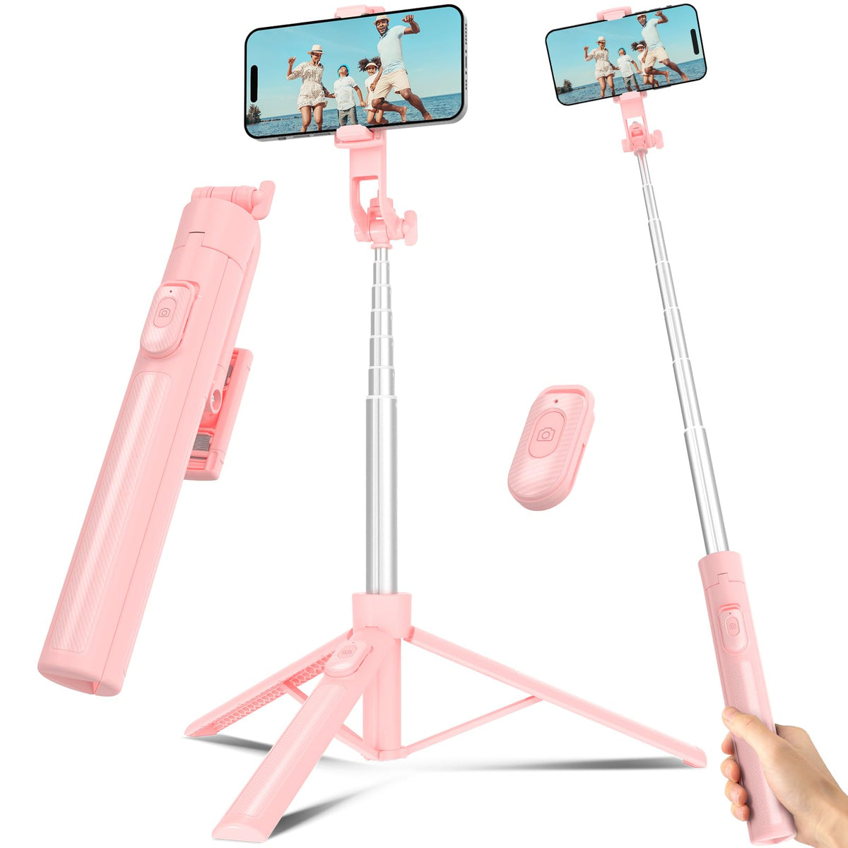 Selfie Stick Travel Tripod for Cell Phone with Remote Control and Phone Holder, Extendable Selfie Stick for iPhone, iPhone Tripod for Video Recording, 50 Inch, Black